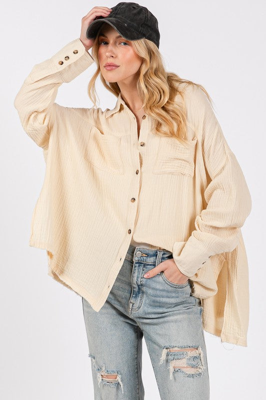 Natural Frayed Hem Cotton Button Down Shirt