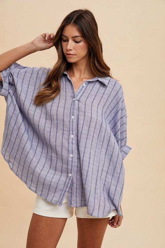 Dusty Blue Striped Button Up Half Sleeve Top