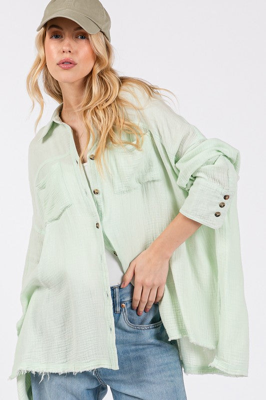 Mint Frayed Hem Cotton Button Down Shirt