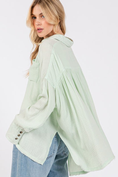 Mint Frayed Hem Cotton Button Down Shirt