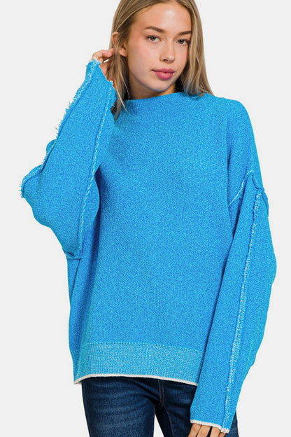 Exposed Seam Mock Neck Long Sleeve Sweater - Global Village Kailua Boutique