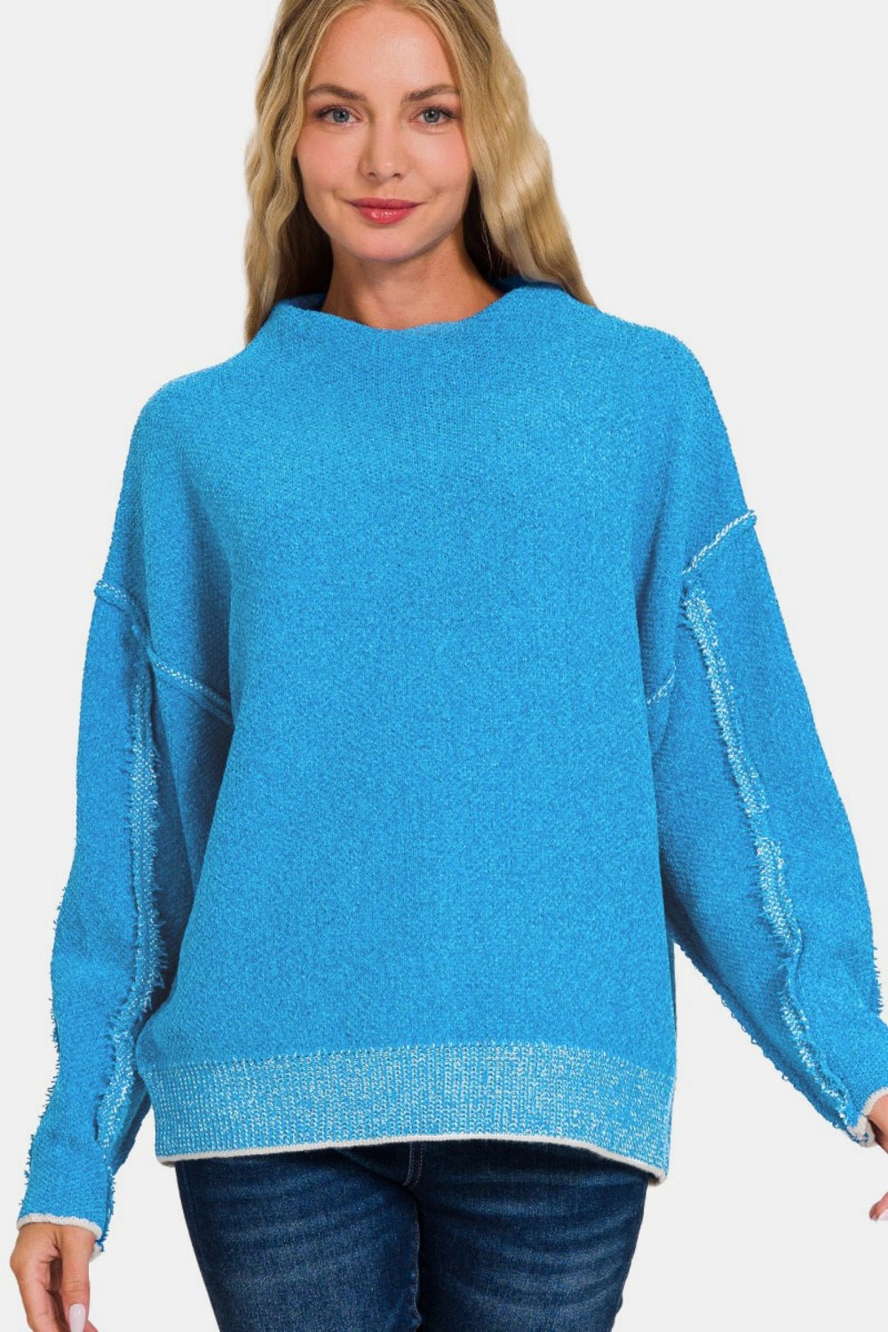 Exposed Seam Mock Neck Long Sleeve Sweater - Global Village Kailua Boutique