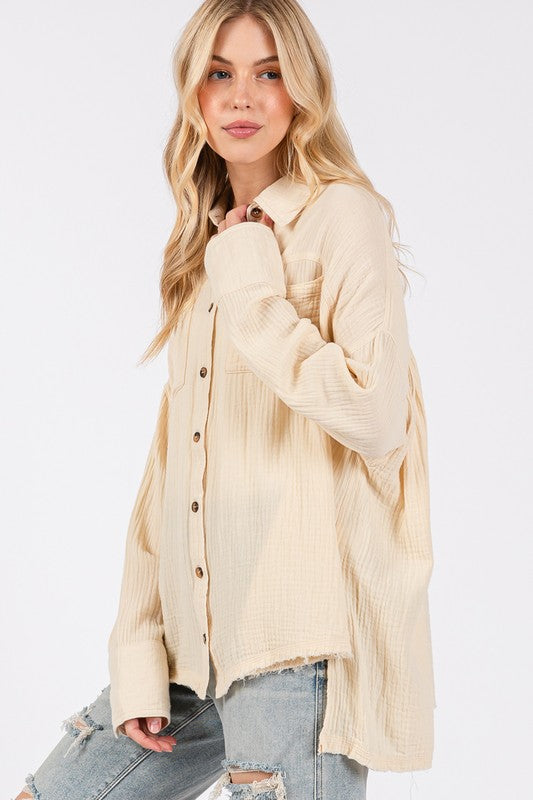 Natural Frayed Hem Cotton Button Down Shirt