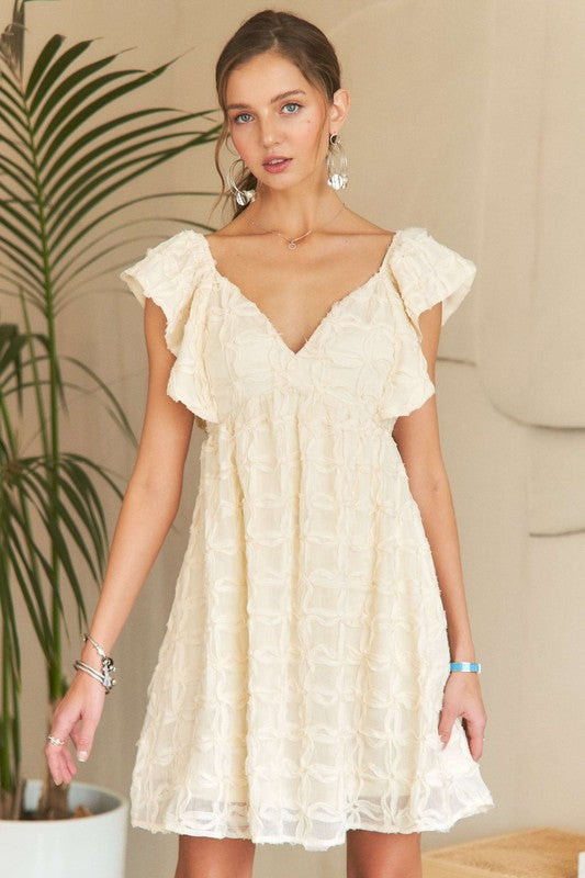 Ivory Tie Back V-Neck Ruffle Sleeve Dress