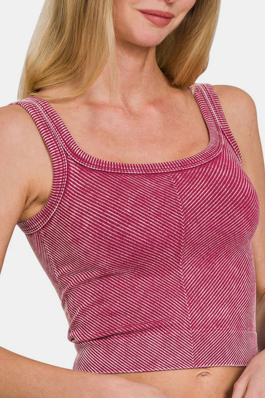 Washed Red Ribbed Square Neck Crop Tank