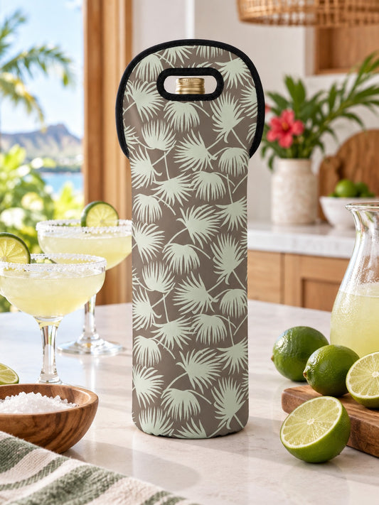 Mint and mocha fan palm insulated wine tote on a white kitchen counter with margarita glasses, limes and salt.