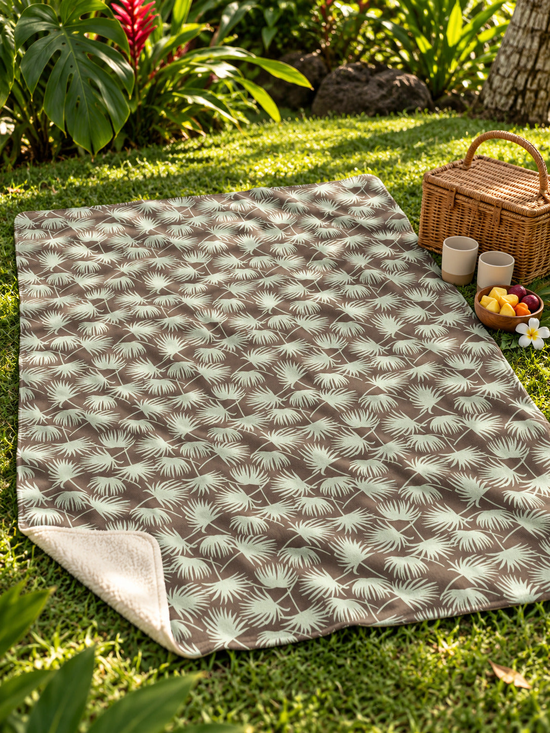 Fan Palm Mocha Mint sherpa fleece blanket spread on a tropical garden lawn with a picnic basket and fruit.