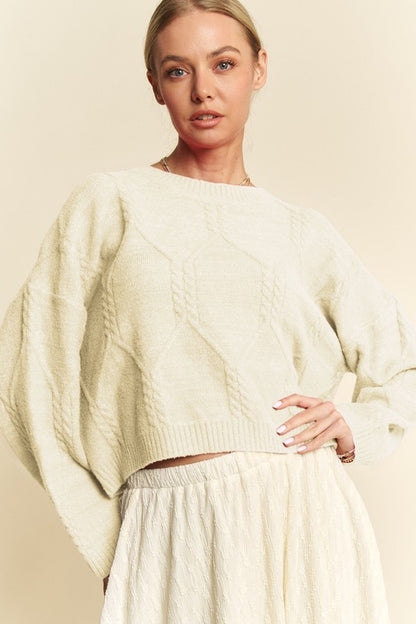 Ivory Diamond Cable Pattern Drop Shoulder Sweater