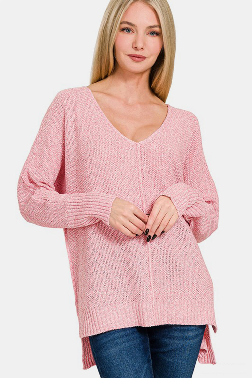 Pink High-Low Center Seam V-Neck Sweater