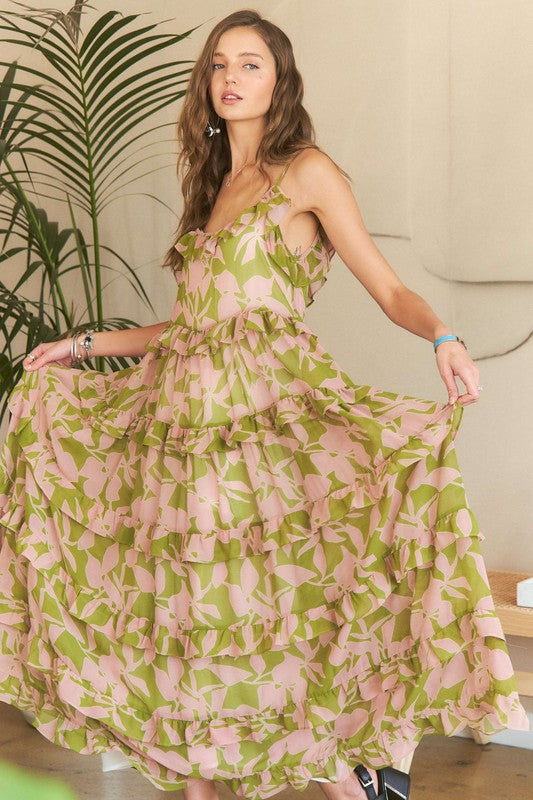 Ruffled Tiered Pink/Sage Floral Maxi Dress