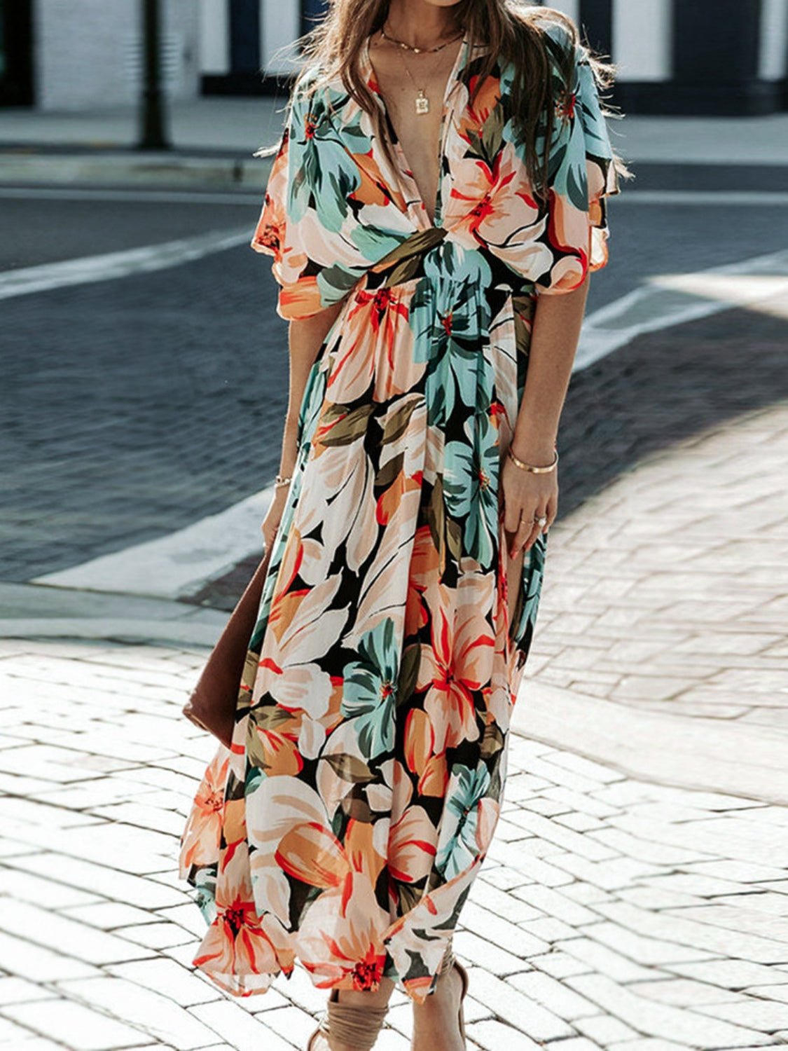 Floral Plunge High Slit Maxi Dress - Global Village Kailua Boutique