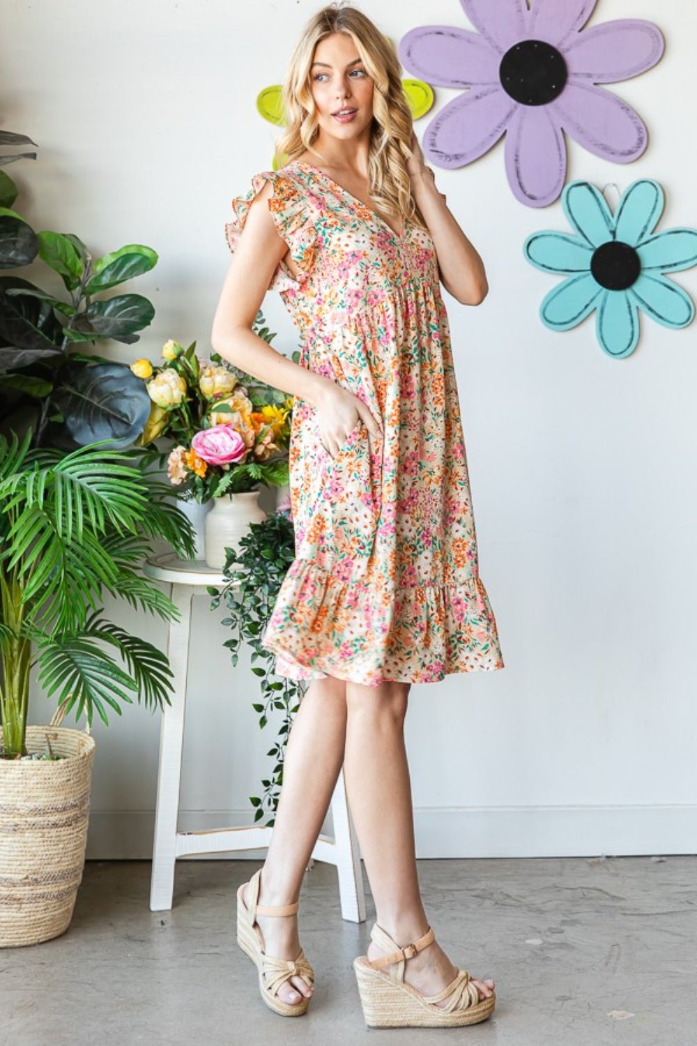 Floral Ruffled V-Neck Dress - Global Village Kailua Boutique