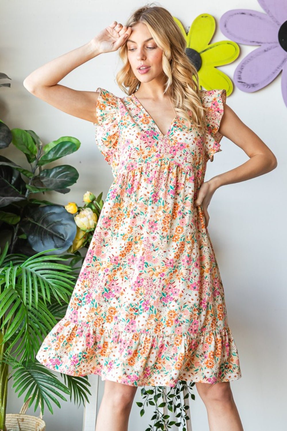 Floral Ruffled V-Neck Dress - Global Village Kailua Boutique