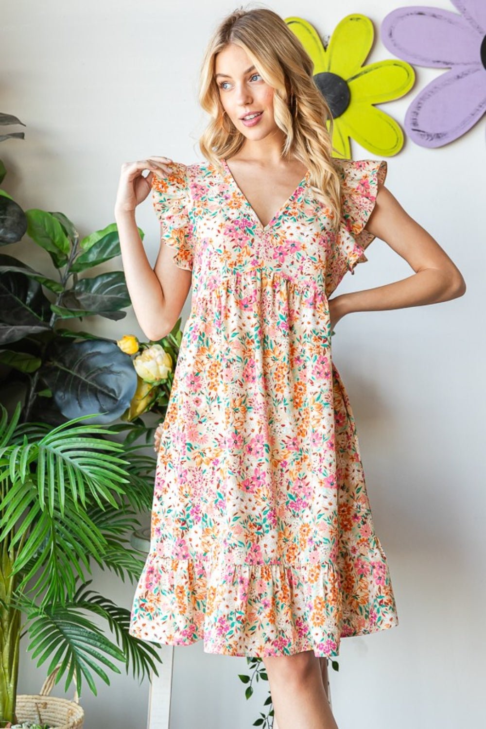 Floral Ruffled V-Neck Dress - Global Village Kailua Boutique