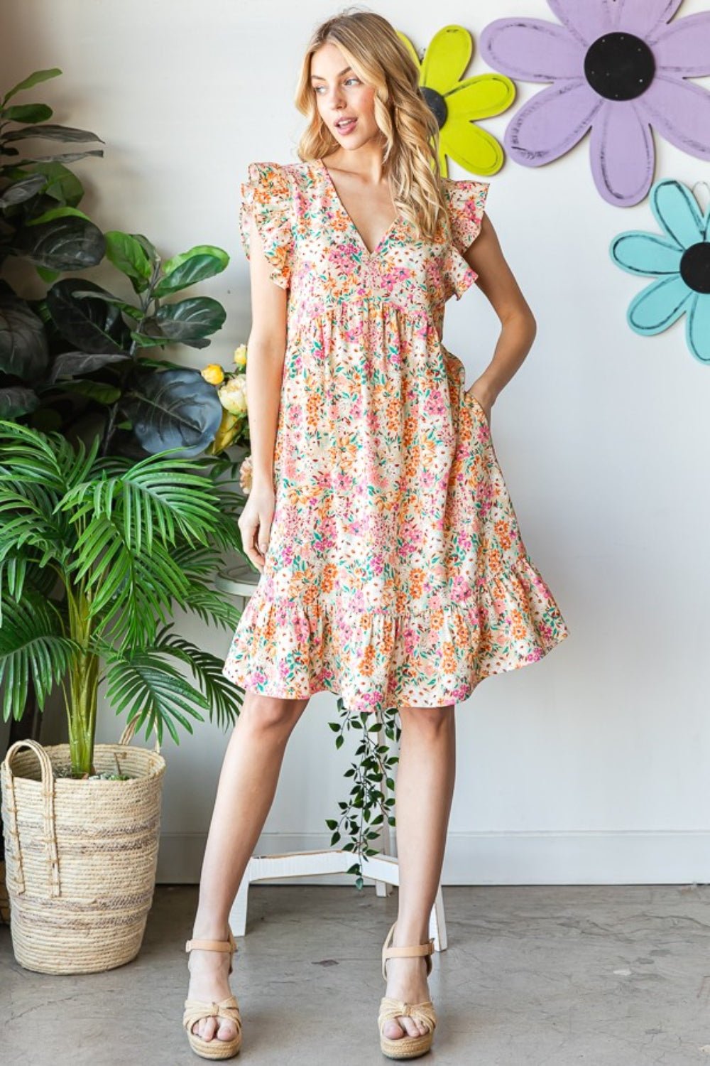 Floral Ruffled V-Neck Dress - Global Village Kailua Boutique