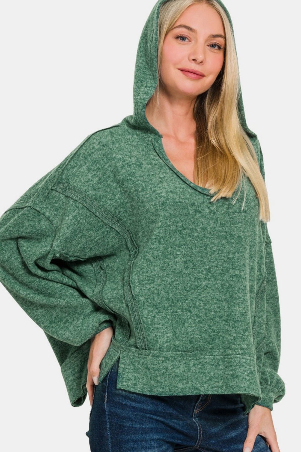 Green Brushed Hacci Exposed Seam Hoodie - Global Village Kailua Boutique