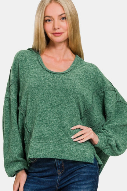 Green Brushed Hacci Exposed Seam Hoodie - Global Village Kailua Boutique