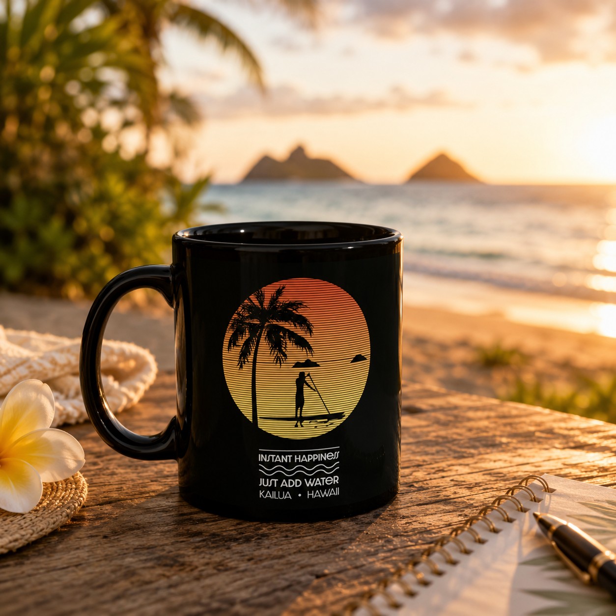 A black ceramic mug with a sunset beach graphic sits on a wooden table outdoors, with a tropical ocean and mountain backdrop at sunset. The mug has a circular print showing a palm tree and paddleboarder silhouette in yellow, orange, and red tones, with the text 'INSTANT HAPPINESS! JUST ADD WATER (KAILUA • HAWAII)'.