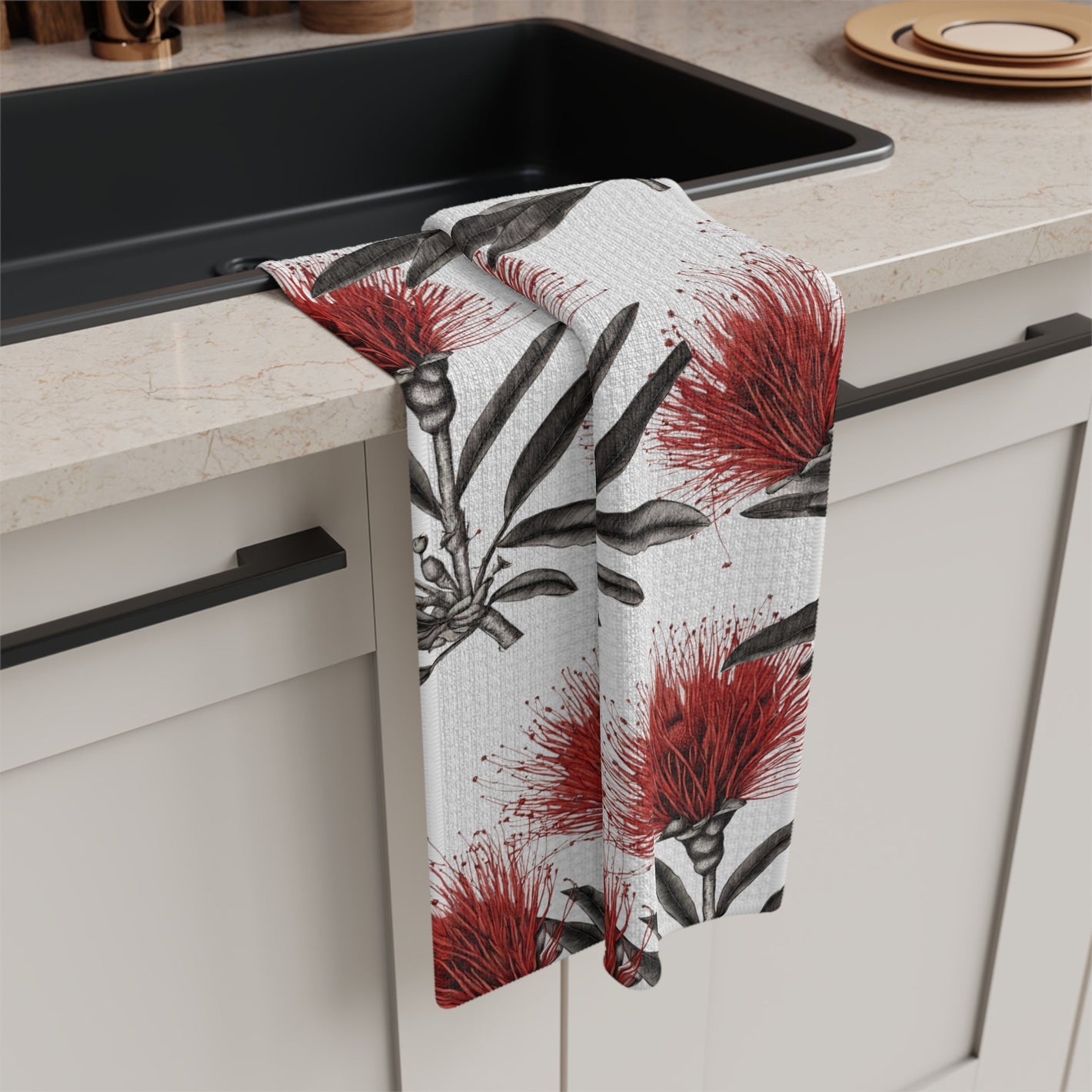 Kitchen Towel Red ʻŌhiʻa Lehua Sketch - Global Village Kailua Boutique