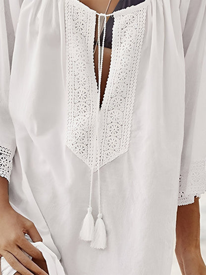 Lace Detail Tie Neck Over Sized Cover Up - Global Village Kailua Boutique