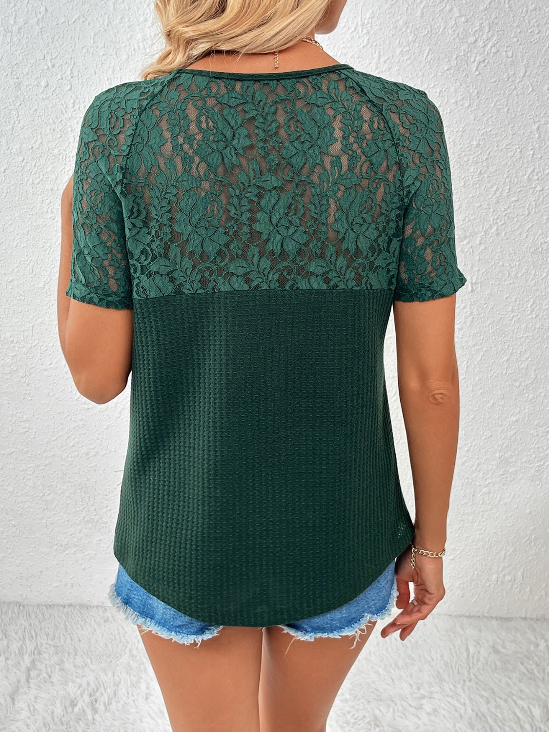 Lace Sleeve V-Neck Short Sleeve Top - Global Village Kailua Boutique