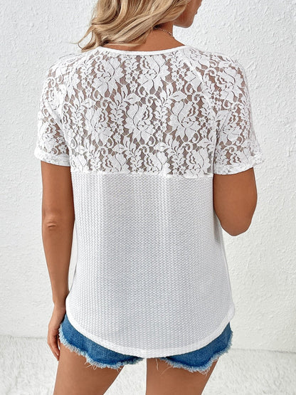 Lace Sleeve V-Neck Short Sleeve Top - Global Village Kailua Boutique