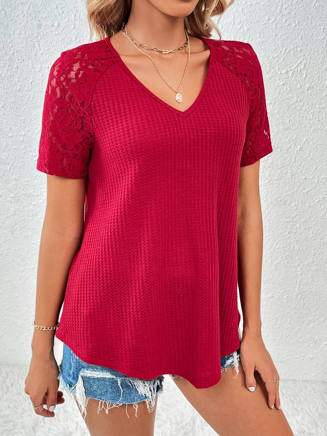 Lace Sleeve V-Neck Short Sleeve Top - Global Village Kailua Boutique