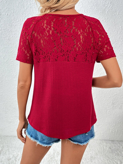 Lace Sleeve V-Neck Short Sleeve Top - Global Village Kailua Boutique