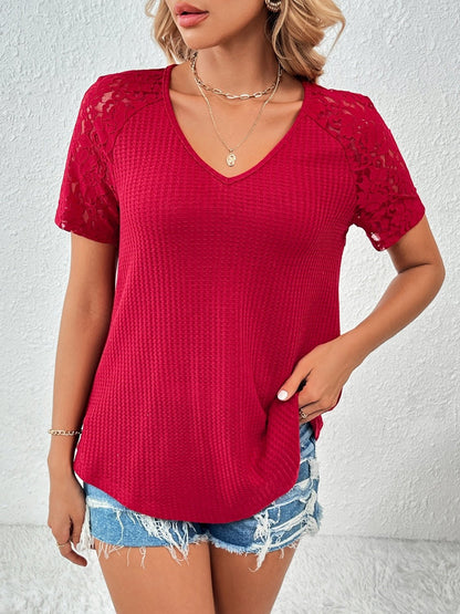 Lace Sleeve V-Neck Short Sleeve Top - Global Village Kailua Boutique