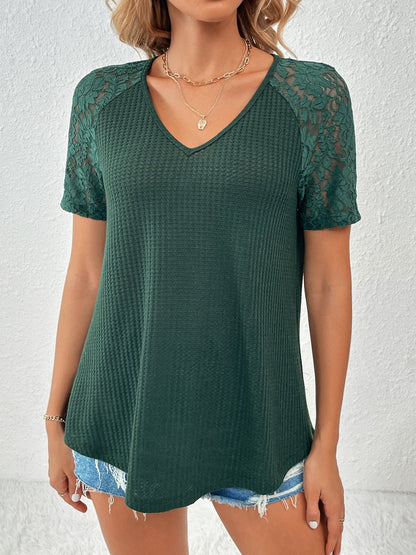 Lace Sleeve V-Neck Short Sleeve Top - Global Village Kailua Boutique