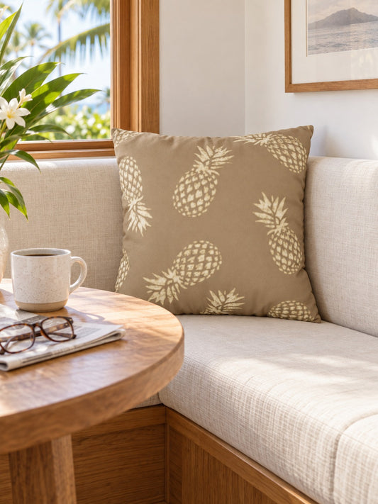 Khaki faux suede pillow with a cream pineapple print styled in a bright tropical breakfast nook with warm wood accents.