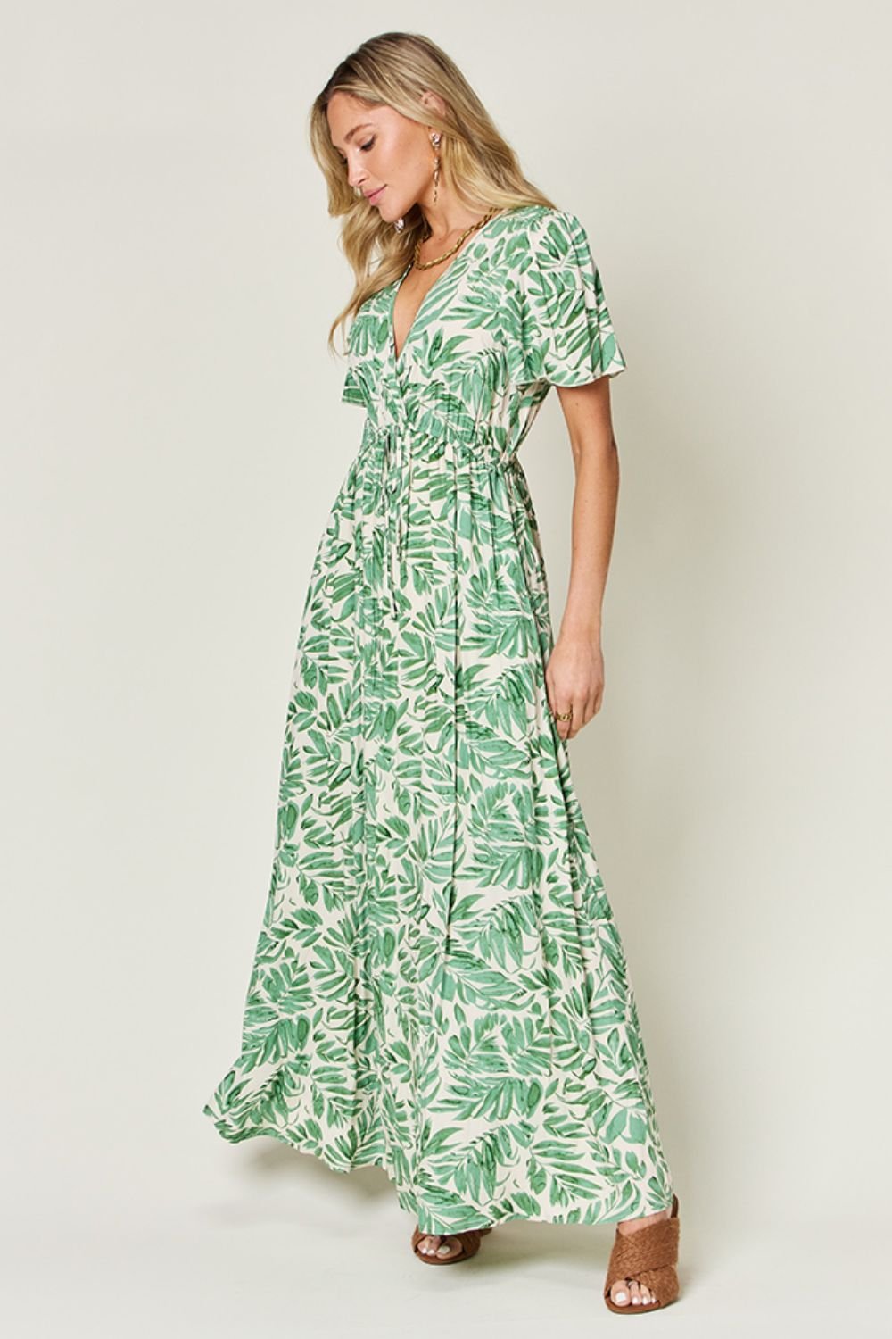 Leaf Printed Drawstring Short Sleeve Maxi Dress - Global Village Kailua Boutique