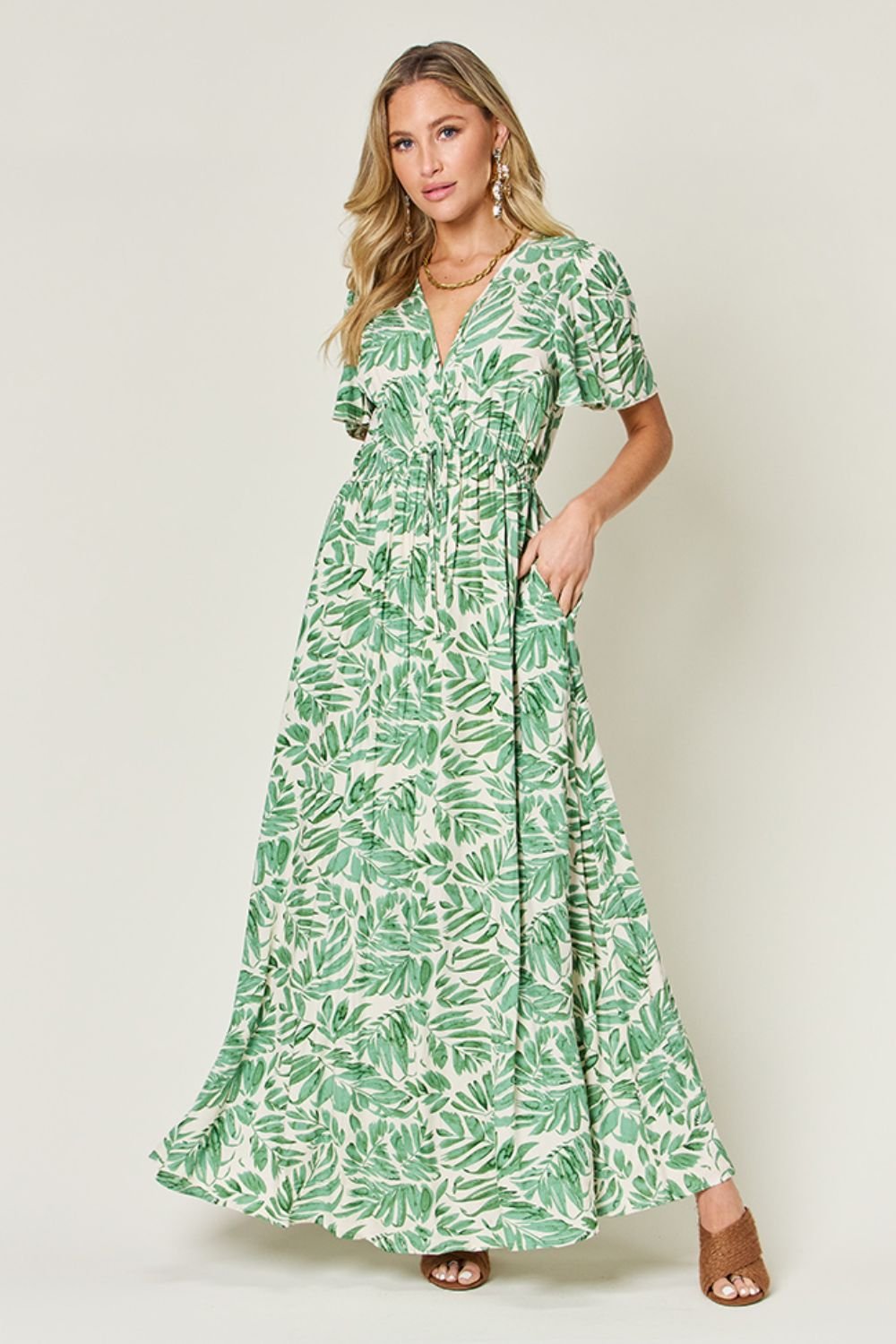 Leaf Printed Drawstring Short Sleeve Maxi Dress - Global Village Kailua Boutique