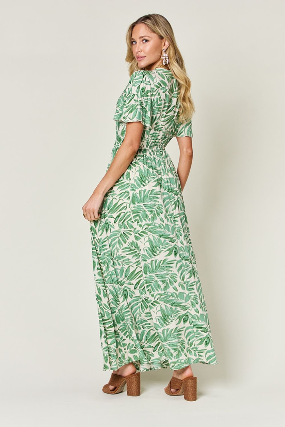 Leaf Printed Drawstring Short Sleeve Maxi Dress - Global Village Kailua Boutique