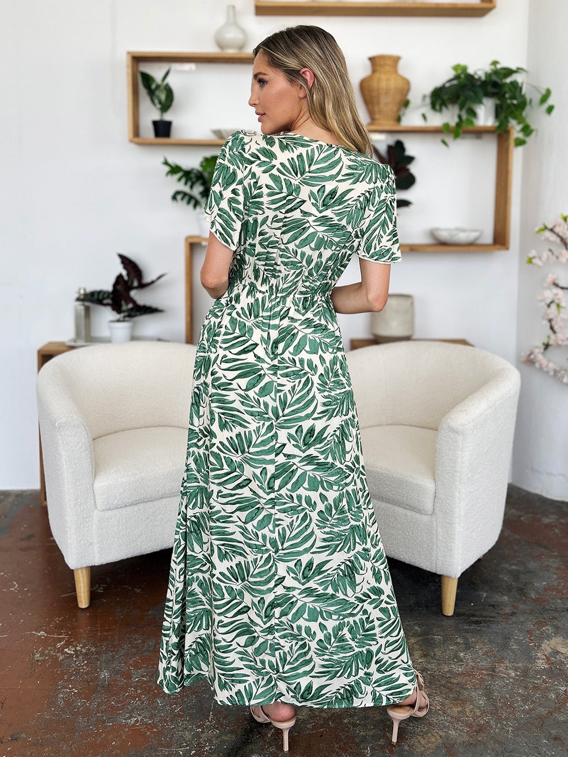 Leaf Printed Drawstring Short Sleeve Maxi Dress - Global Village Kailua Boutique