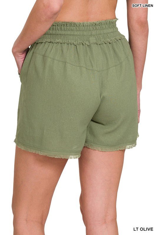 Linen Frayed Hem Drawstring Shorts with Pockets - Global Village Kailua Boutique