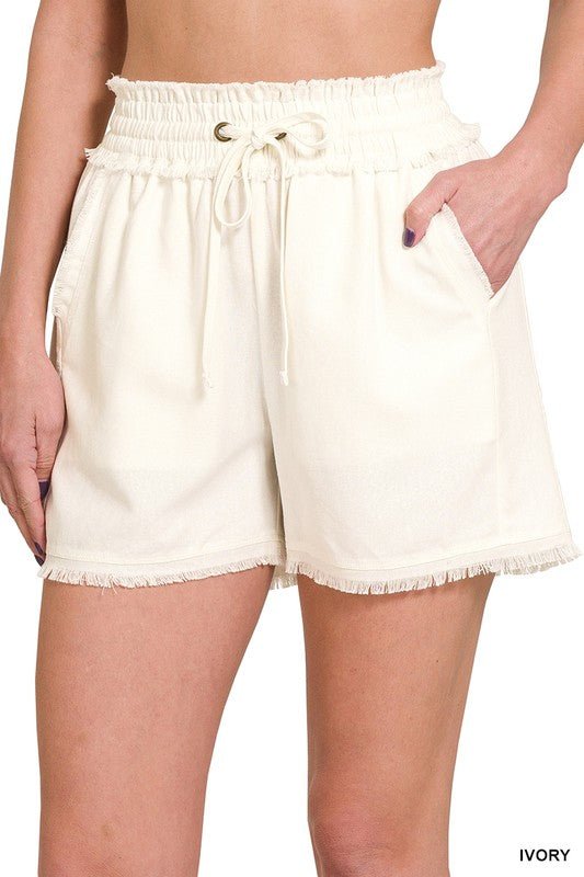 Linen Frayed Hem Drawstring Shorts with Pockets - Global Village Kailua Boutique