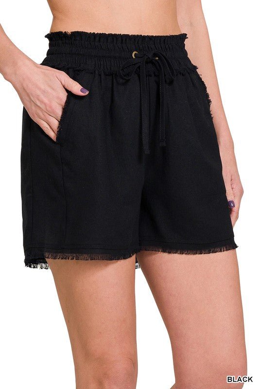 Linen Frayed Hem Drawstring Shorts with Pockets - Global Village Kailua Boutique