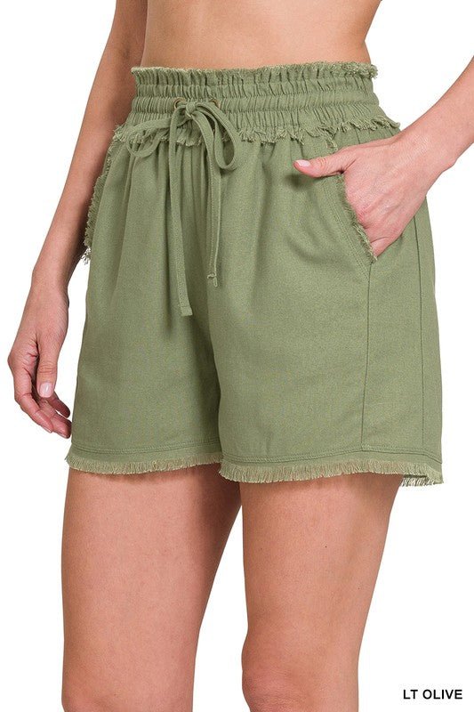 Linen Frayed Hem Drawstring Shorts with Pockets - Global Village Kailua Boutique