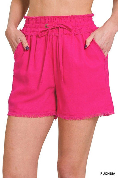 Linen Frayed Hem Drawstring Shorts with Pockets - Global Village Kailua Boutique