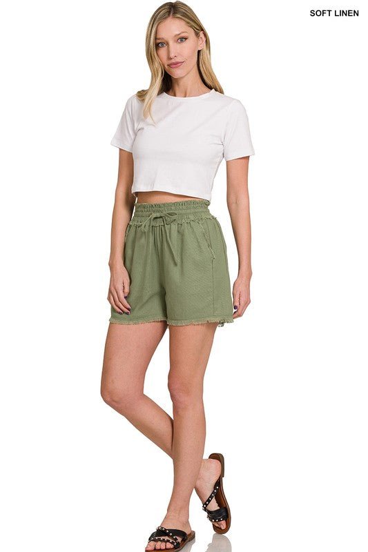 Linen Frayed Hem Drawstring Shorts with Pockets - Global Village Kailua Boutique