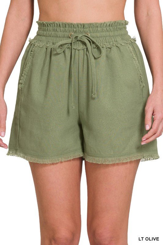 Linen Frayed Hem Drawstring Shorts with Pockets - Global Village Kailua Boutique