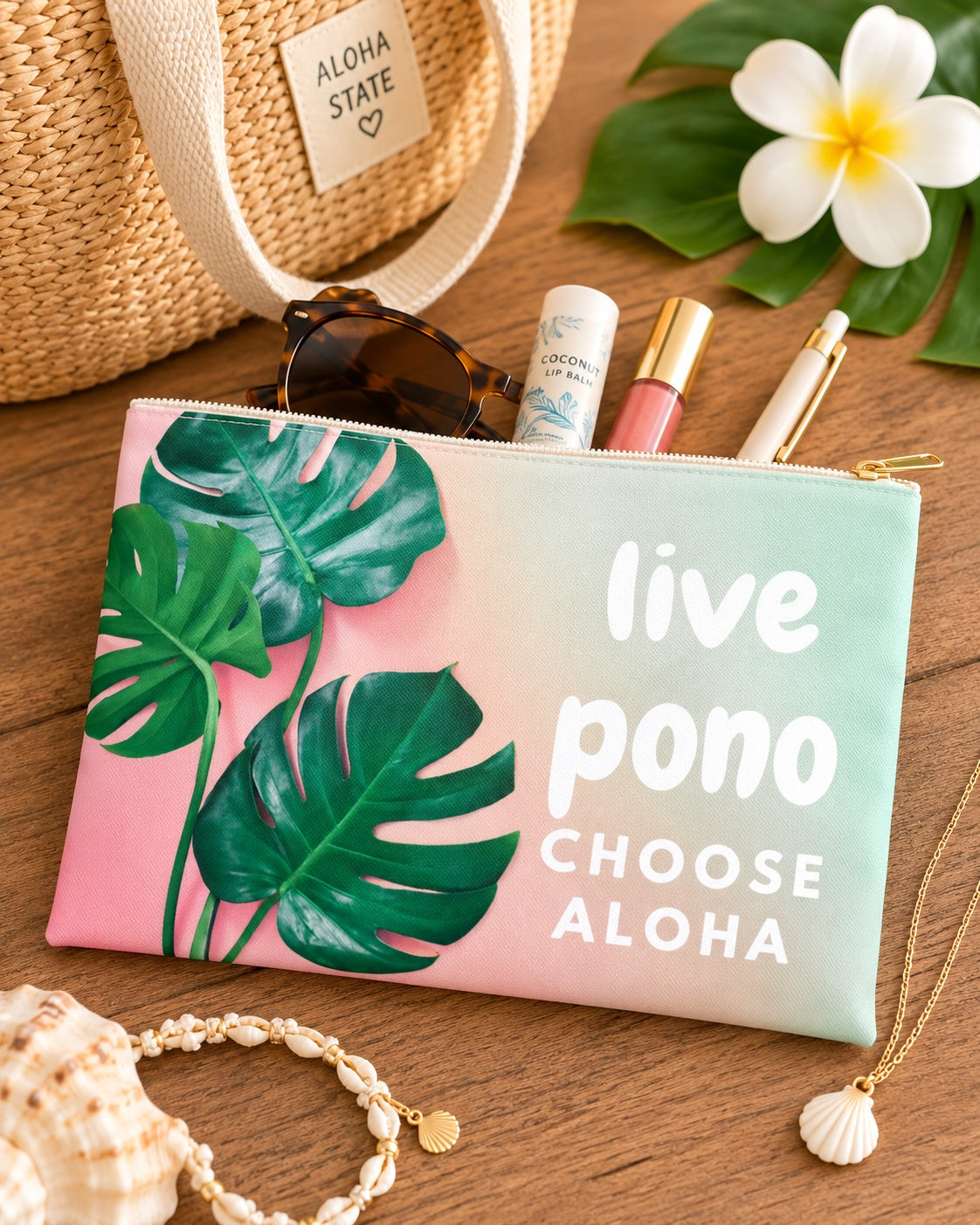 A zippered clutch bag with a pink-to-light-blue gradient, green tropical monstera leaves, and the text 'live pono CHOOSE ALOHA' in white, styled on a wooden surface with sunglasses, lip balm, pen, shell bracelet, necklace, and a woven tote bag nearby.
