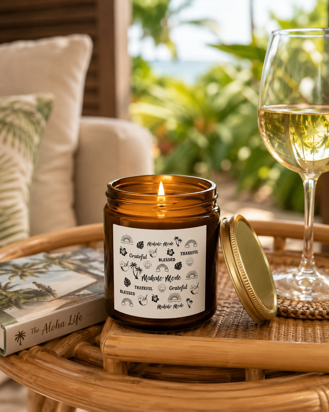 An amber glass jar candle with a white label featuring hawaii icons and text 'mahalo mode', 'grateful', 'blessed', 'thankful', shown lit on a woven tray beside a wine glass and a book in a tropical outdoor setting.