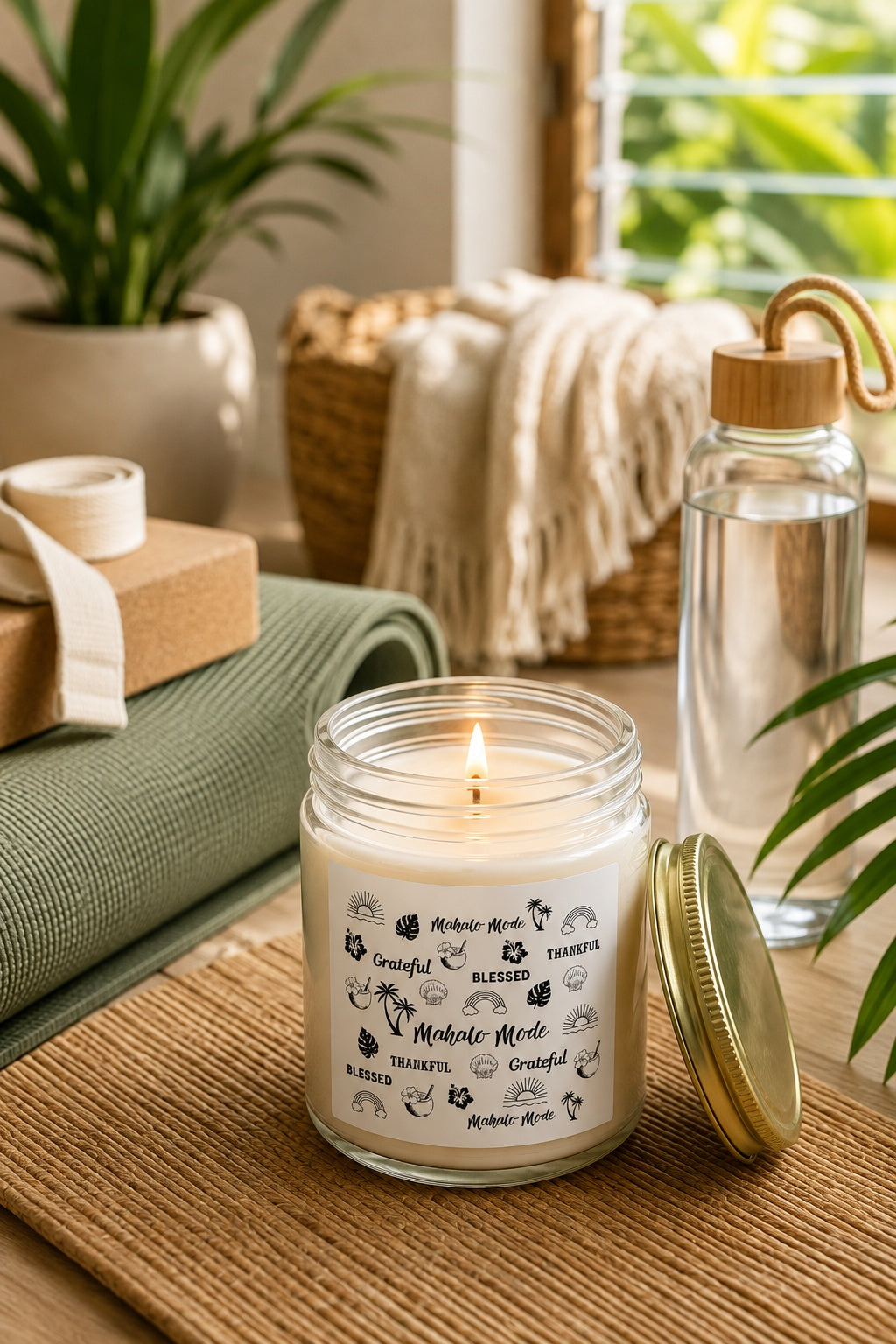 A clear glass jar candle with a white label featuring hawaii icons and text 'mahalo mode', 'grateful', 'blessed', 'thankful', shown on a woven mat beside a glass bottle and a gold lid in a styled indoor setting with plants and a blanket in the background.