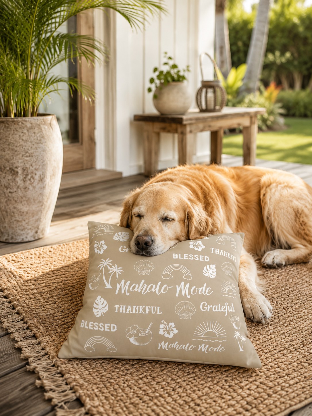 A golden retriever dog rests on a woven jute rug on a porch, lying next to a beige throw pillow printed with tropical beach motifs and the words 'Blessed', 'Thankful', 'Mahalo Mode' and 'Grateful' in white script.