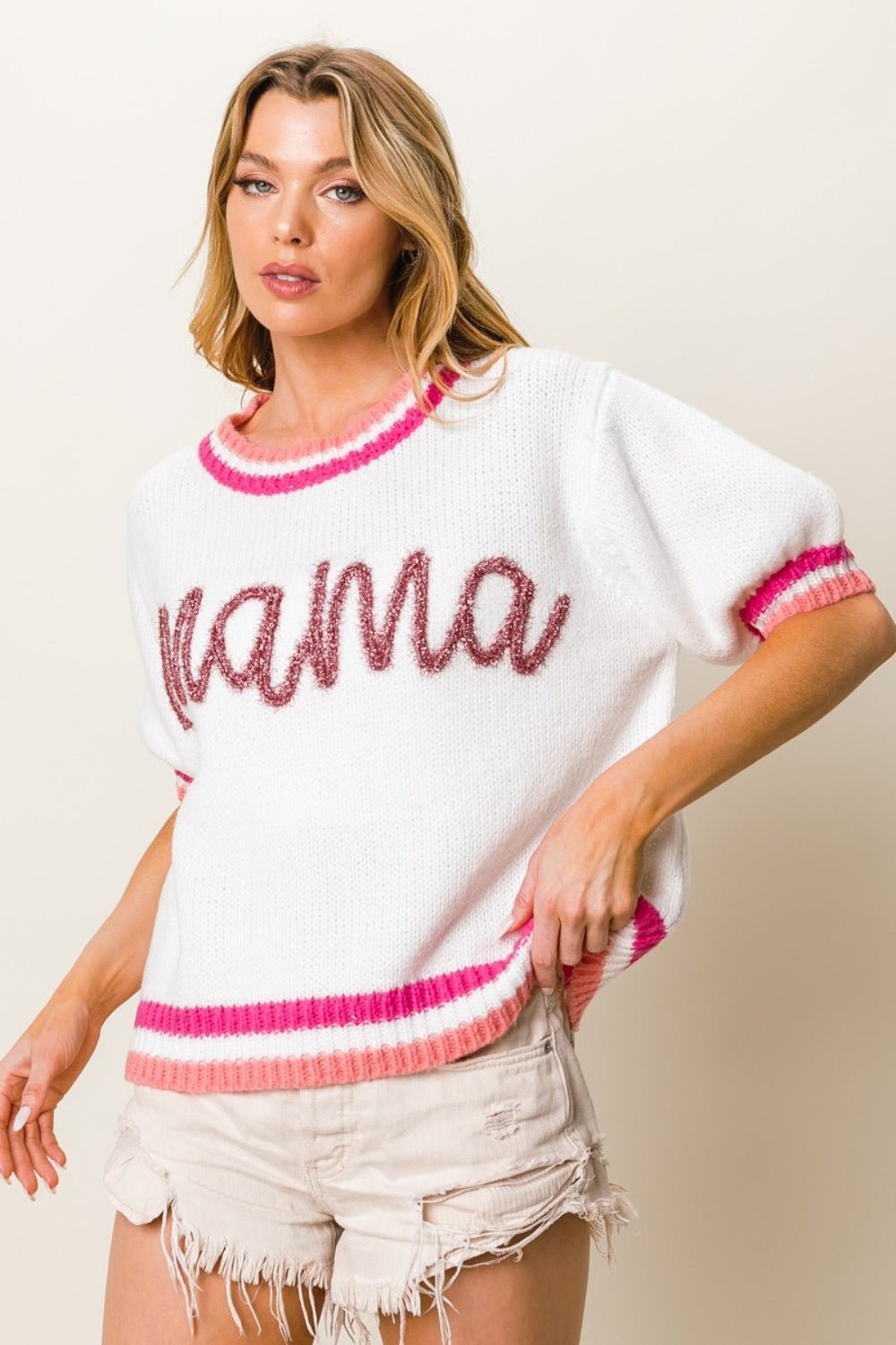 Mama Stripe Trim Short Sleeve Sweater - Global Village Kailua Boutique