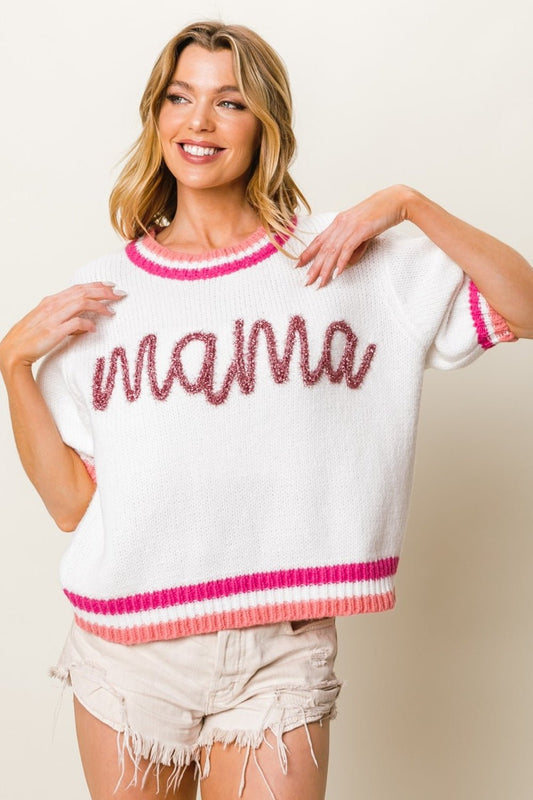 Mama Stripe Trim Short Sleeve Sweater - Global Village Kailua Boutique