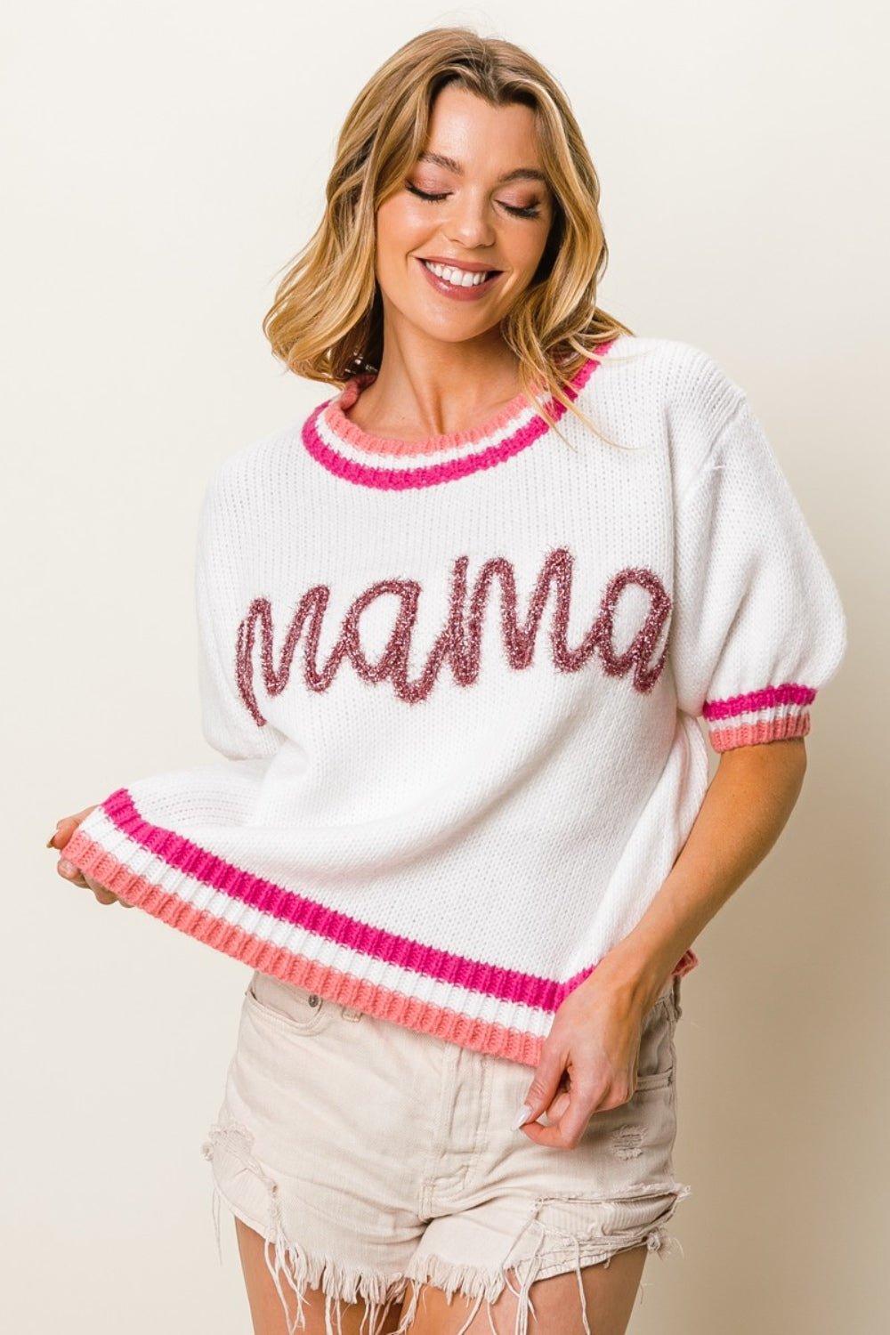 Mama Stripe Trim Short Sleeve Sweater - Global Village Kailua Boutique