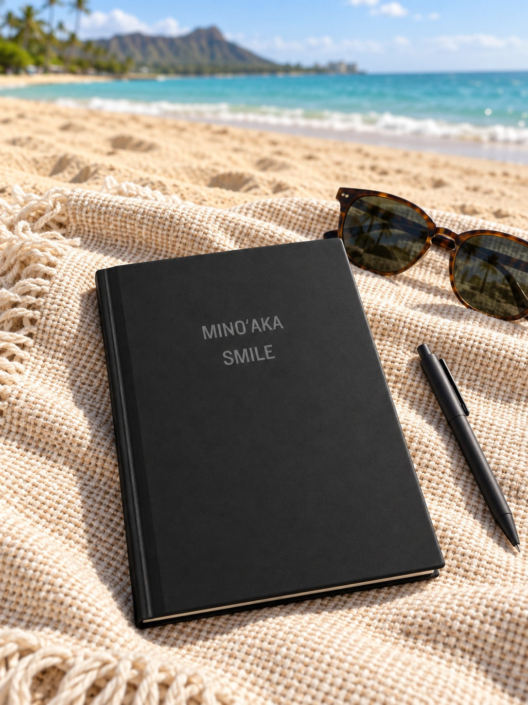 A black hardcover notebook with the words 'MINO'AKA SMILE' in silver foil on the front, styled on a beige woven blanket at the beach with sunglasses and a black pen nearby.